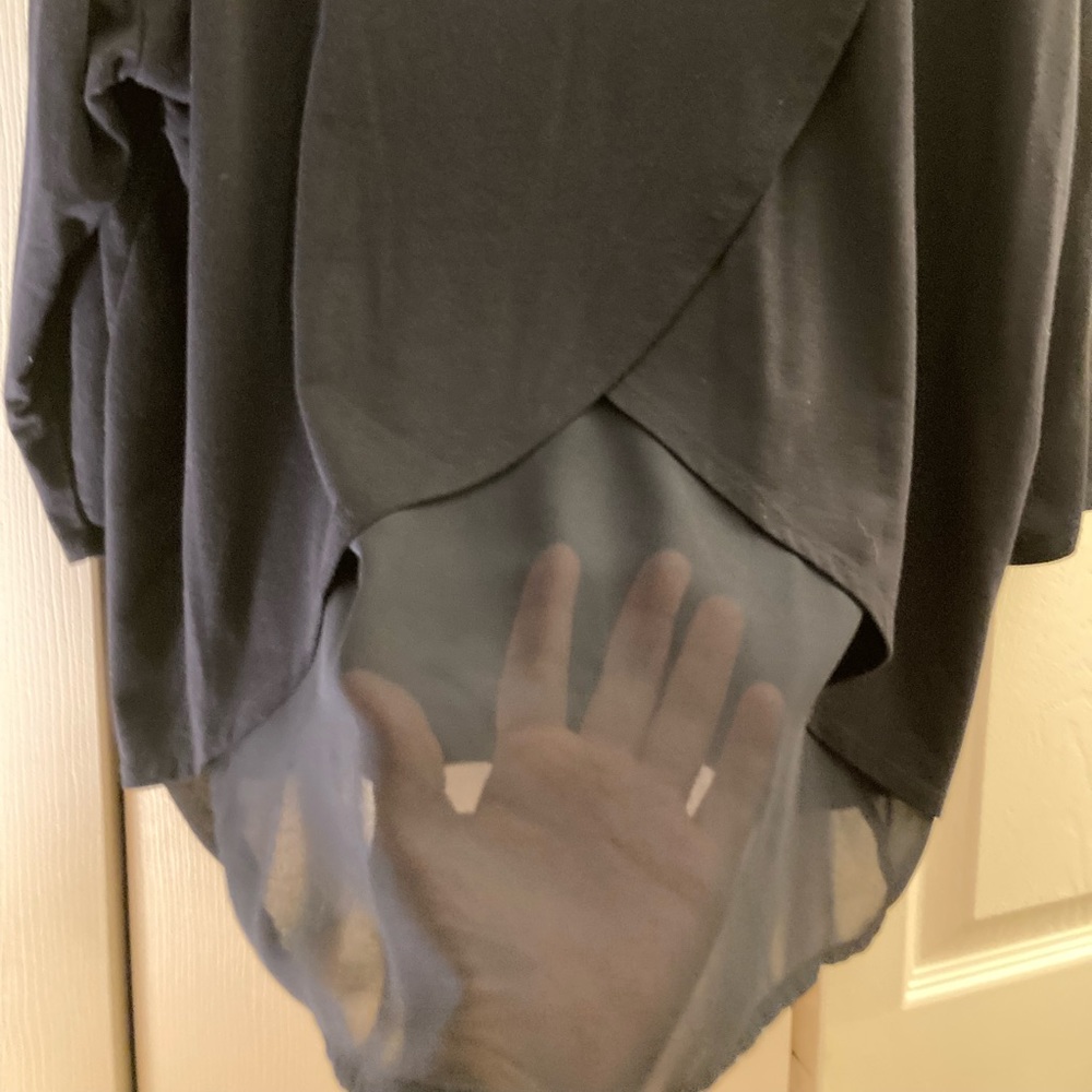 Verve 2X navy blue long sleeve top with sheer panels in the back